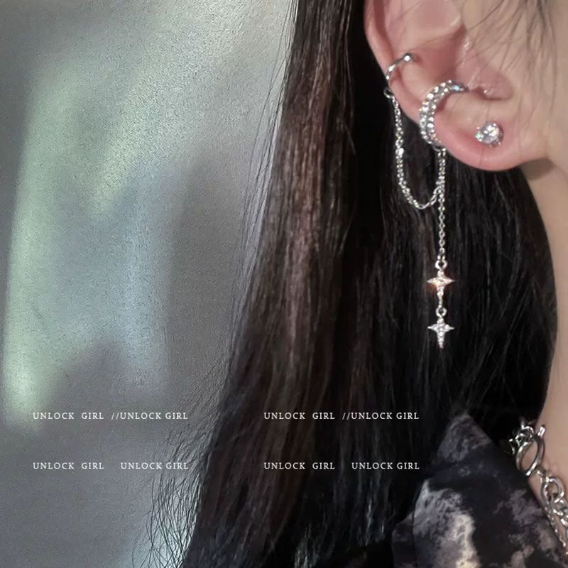 Women's Tassel Rhinestone Star Ear Clip One-piece Asymmetric Cold Style Earrings