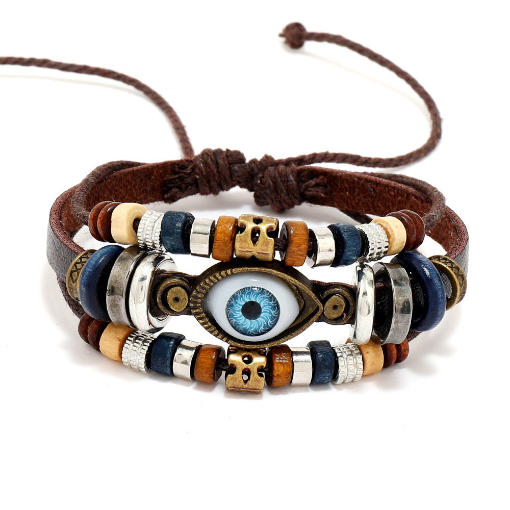 Popular Beaded Eyes Cattle Leather Pull Bracelets