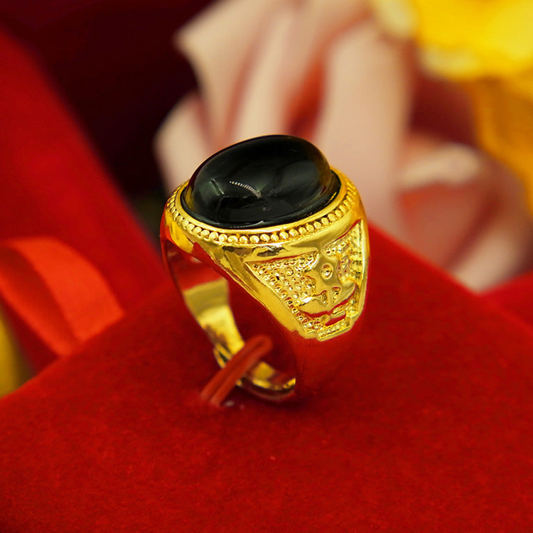 Men's Square Oval Man's Brass Gold-plated Inlaid Obsidian Ring