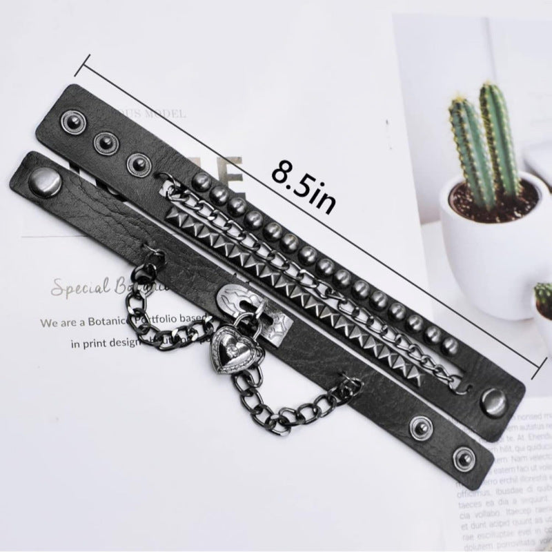 Punk Heart-shaped Lock Chain Combination Rivet Gothic Bracelet