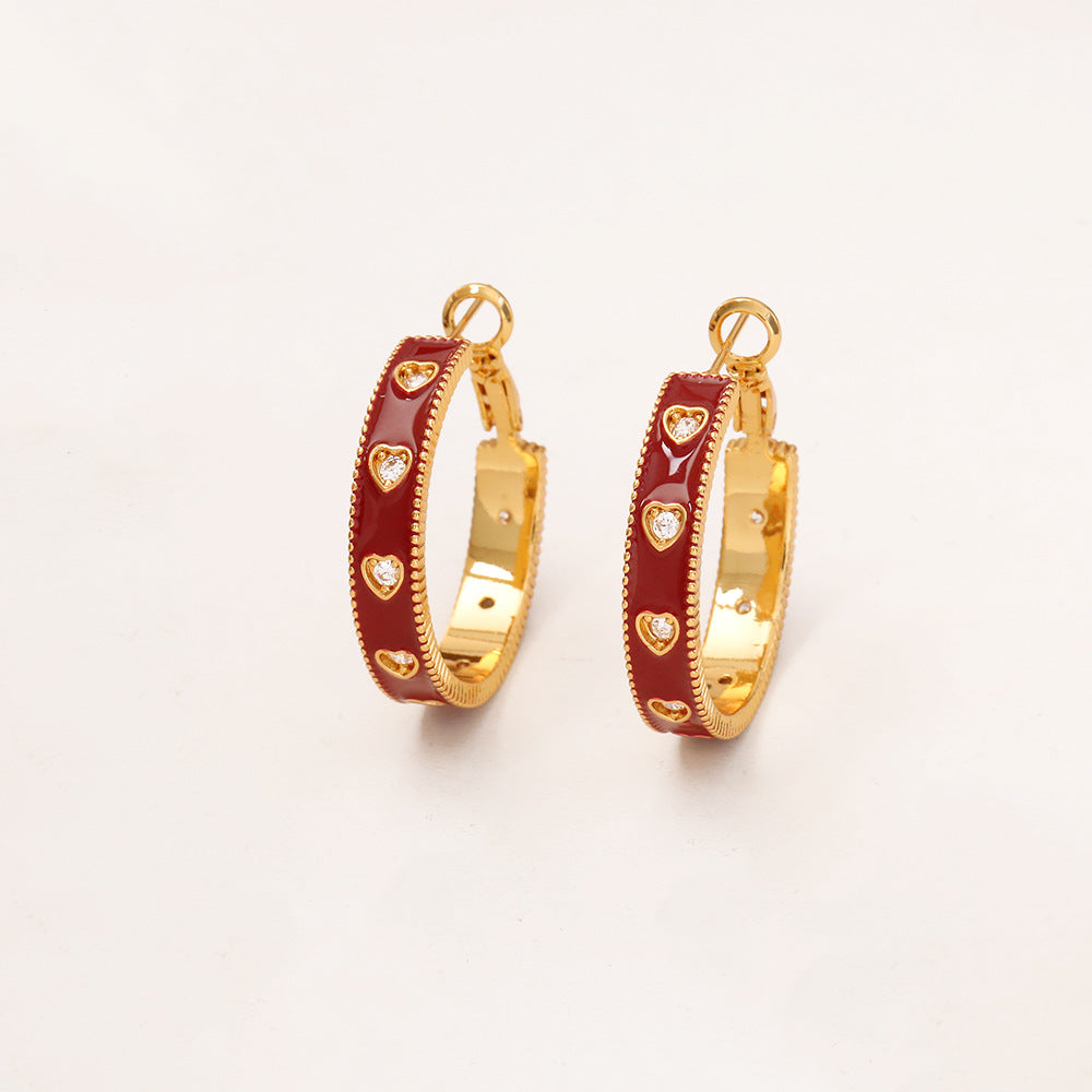 Retro Style Loving Heart Zircon Enamel Fashion Romantic Gentle Earrings