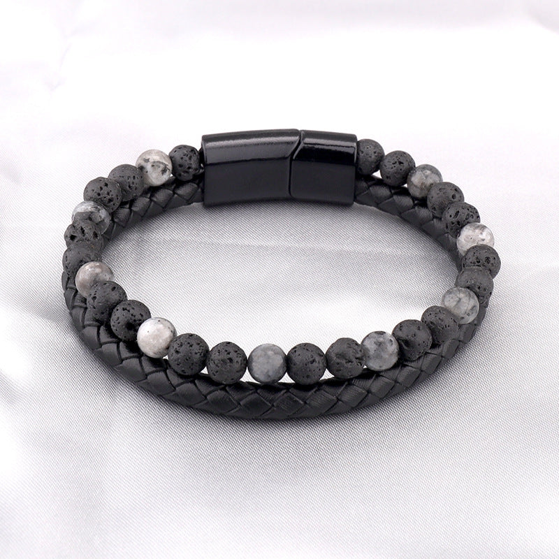 Men's Tiger Eye Beaded Genuine Leather Alloy Cowhide Bracelet