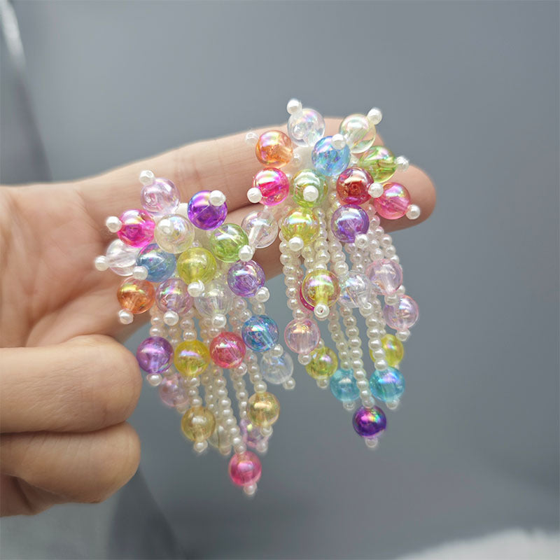 Women's Sequined Flower Tassel Fashion Sweet Personality Colorful Beads Stud Earrings