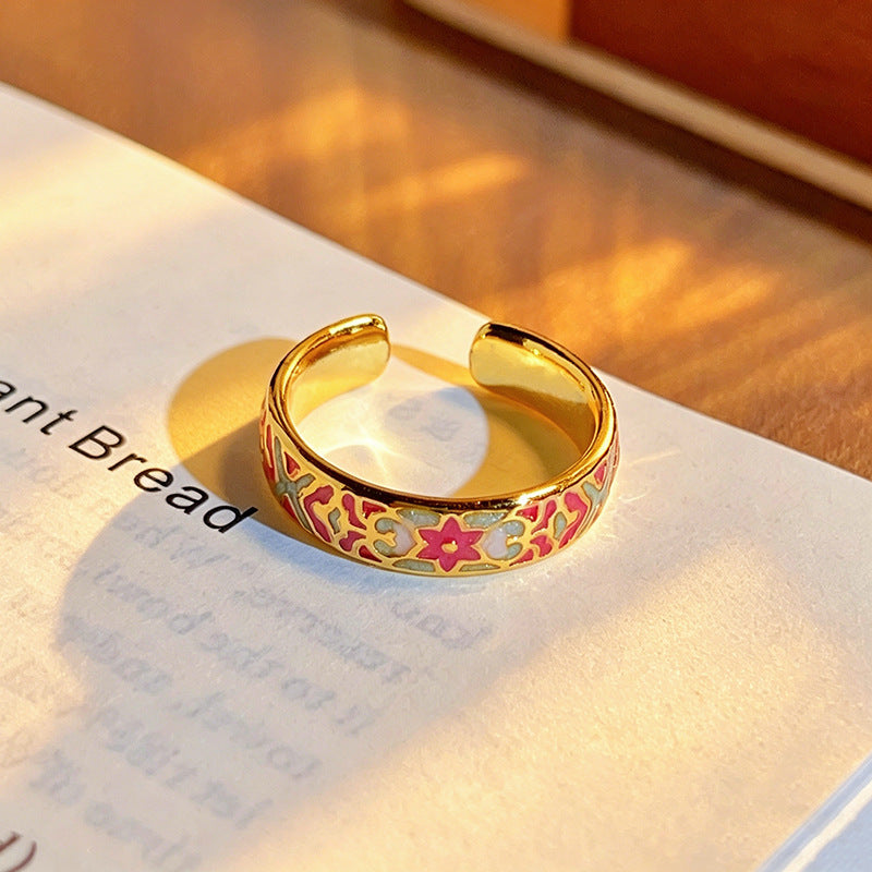 Chinese Style Sealing Enamel Drop Oil Gourd Flower Open National Ring