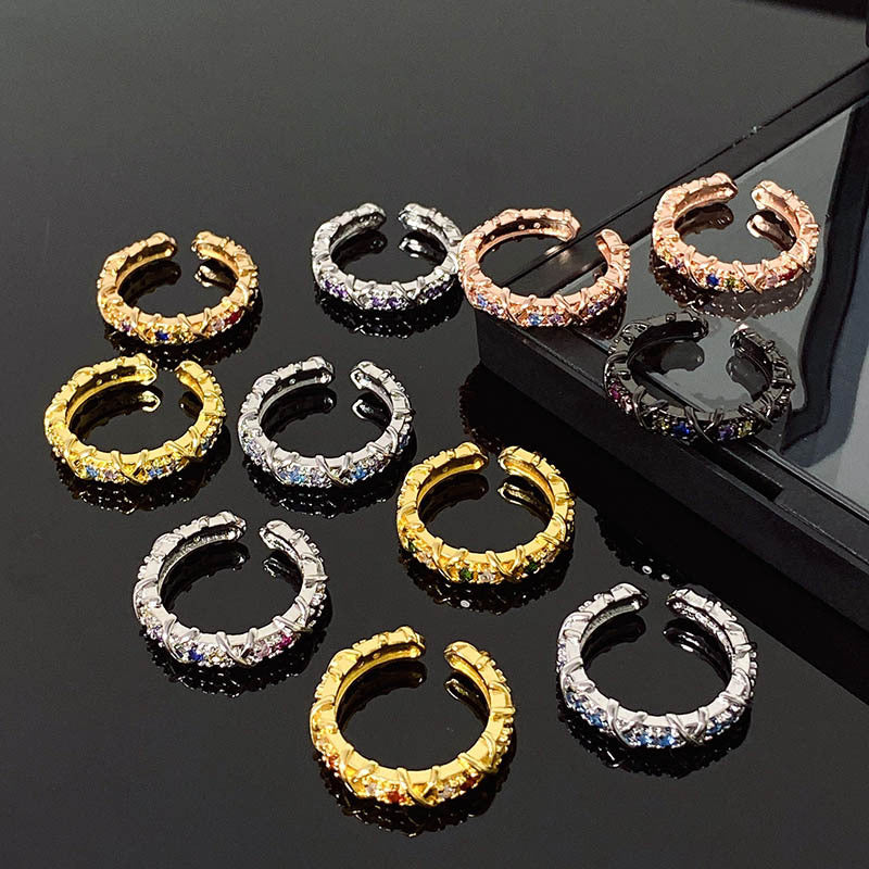 French Entry Lux Cross Colorful Crystals Open Rings
