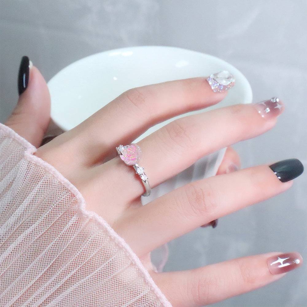 Cinnabar Rose Vintage Camellia Small Flower Index Finger Red Zircon Rings