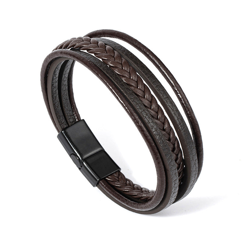 Men's Woven Alloy Magnetic Buckle Leather Rope Bracelets