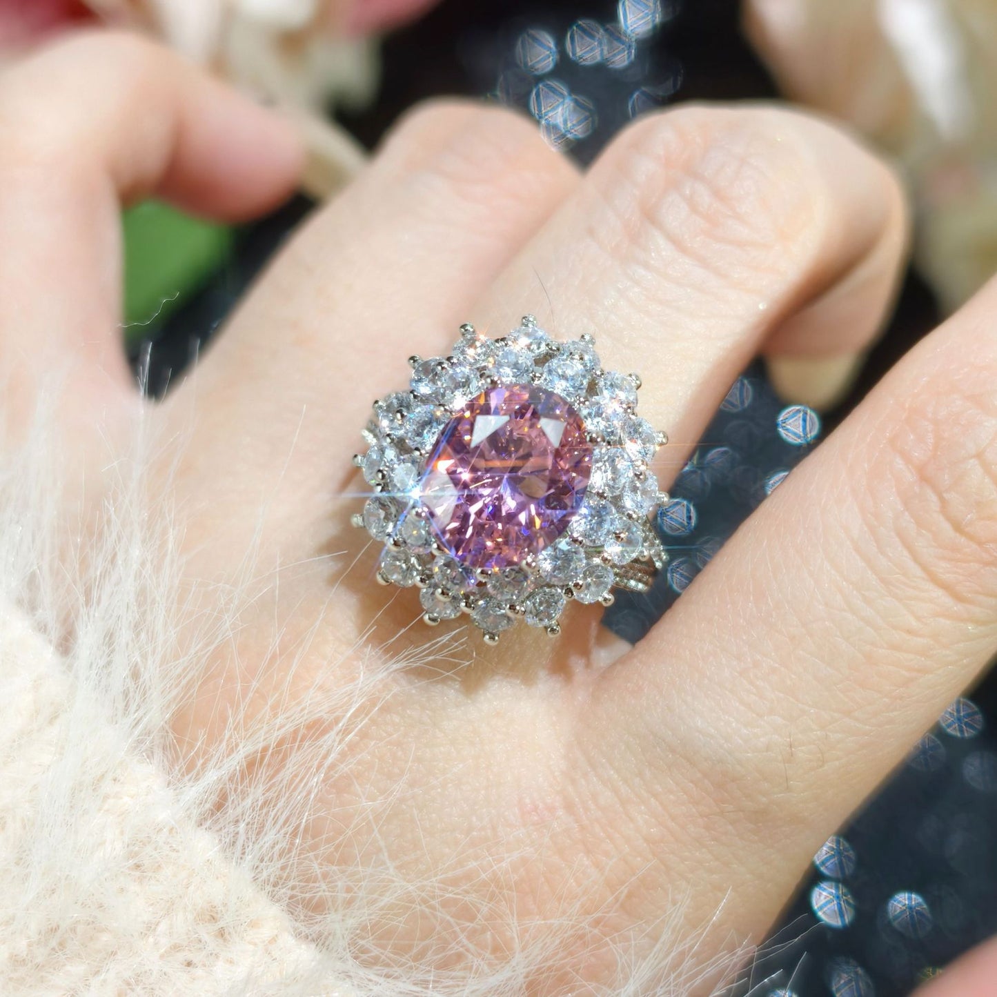Women's Bright Princess Pink Flash High-grade Full Diamond Open-end Ring