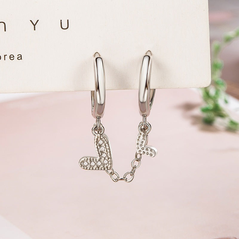 Korean Style Rhinestone Double Tassel Love Heart Ear Buckle