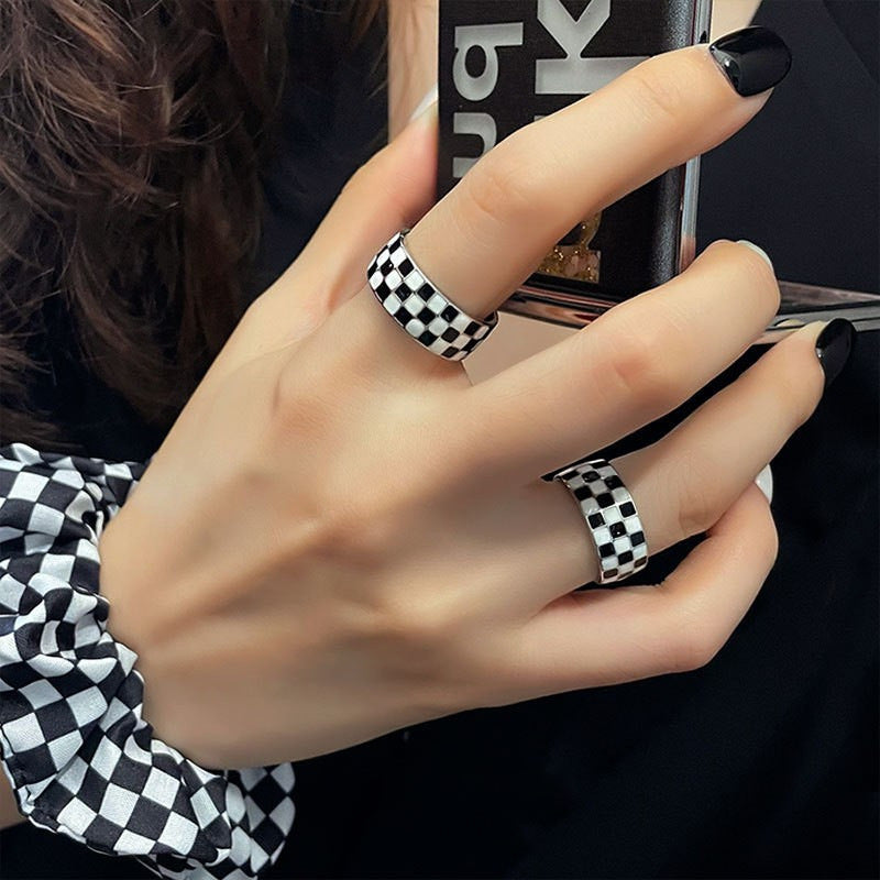 Korean Style Checkerboard Female Retro Fashion Personalized Mesh Design Open Rings