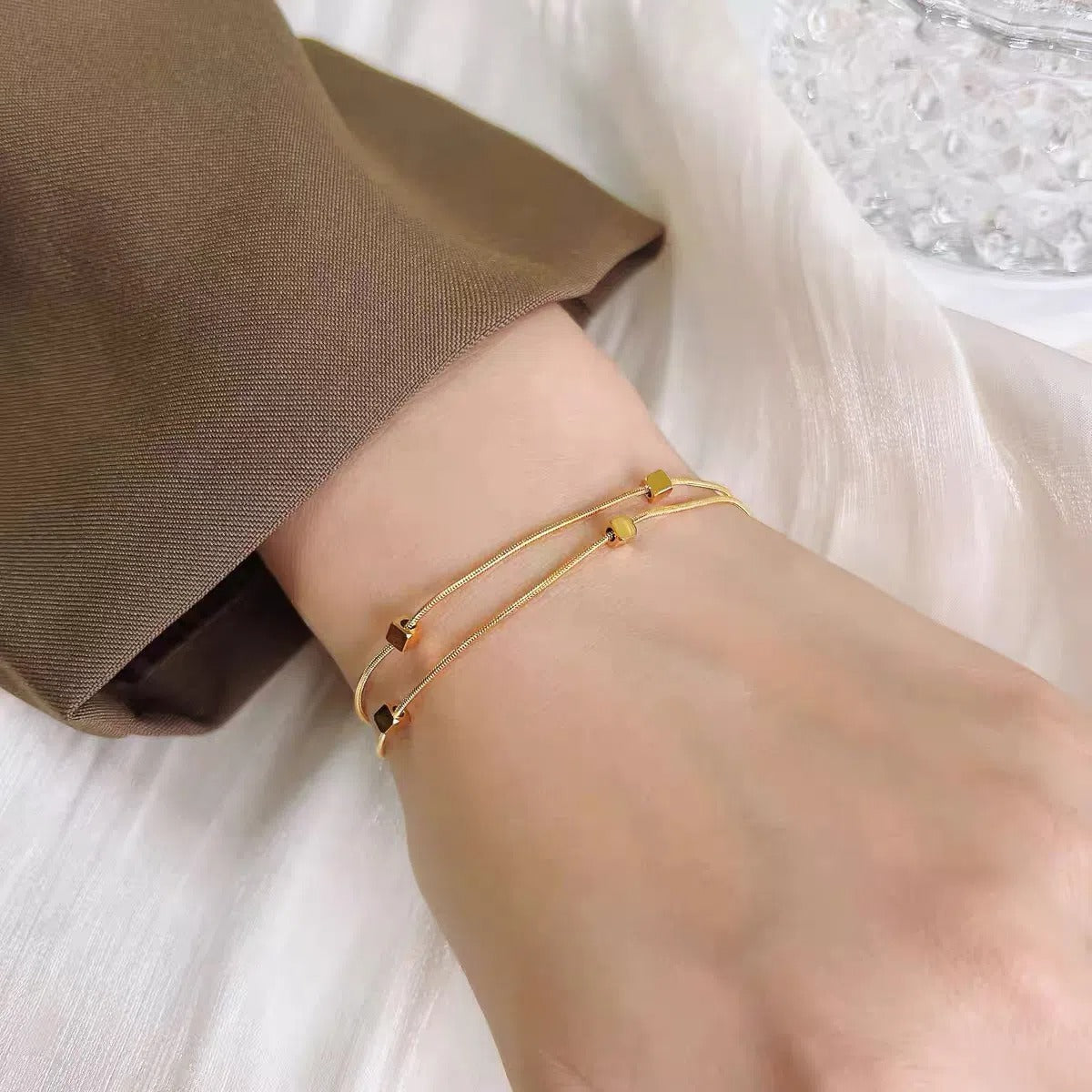 Women's Steel Gold Square Double Layer Snake Bones Chain Bracelets