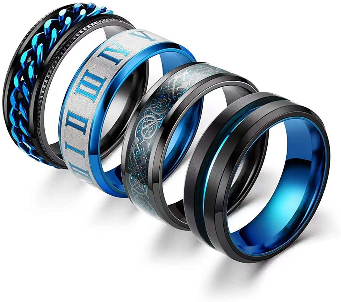 Men's Jewelry Titanium Steel Rotatable Blue Roman Rings