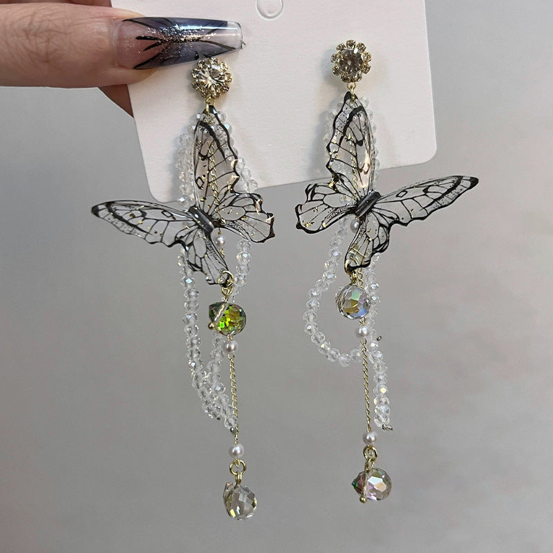 Exaggerated Butterfly Pearl Tassel Long Niche Temperament Earrings