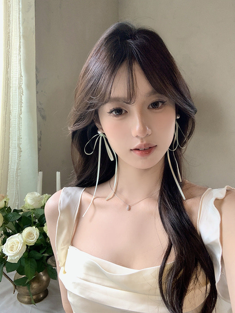 Women's Summer Ballet Style Long Fairy Bow Ribbon Pearl Unique Stud Earrings