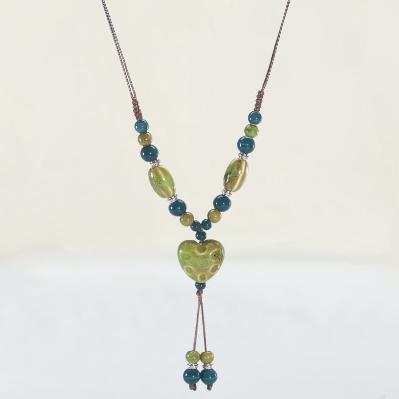 Women's Ethnic Style Love Sweater Chain Long Hand-woven Adjustable Peach Heart Necklace