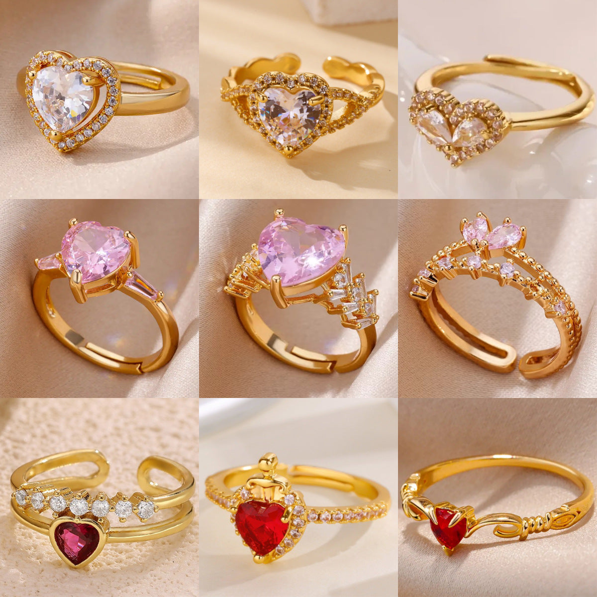 Women's Pink Loving Heart Zircon Gold-plated Starry Border Ring