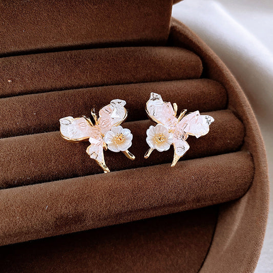Needle Fresh Crystal Flowers Butterfly Fashion Trendy Earrings