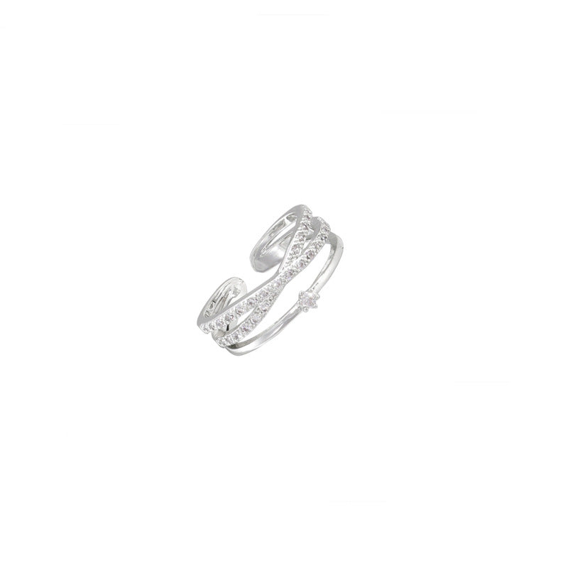 Women's Open Mouth Cross Geometric Korean Style Zircon Chain Dual Layer Ring