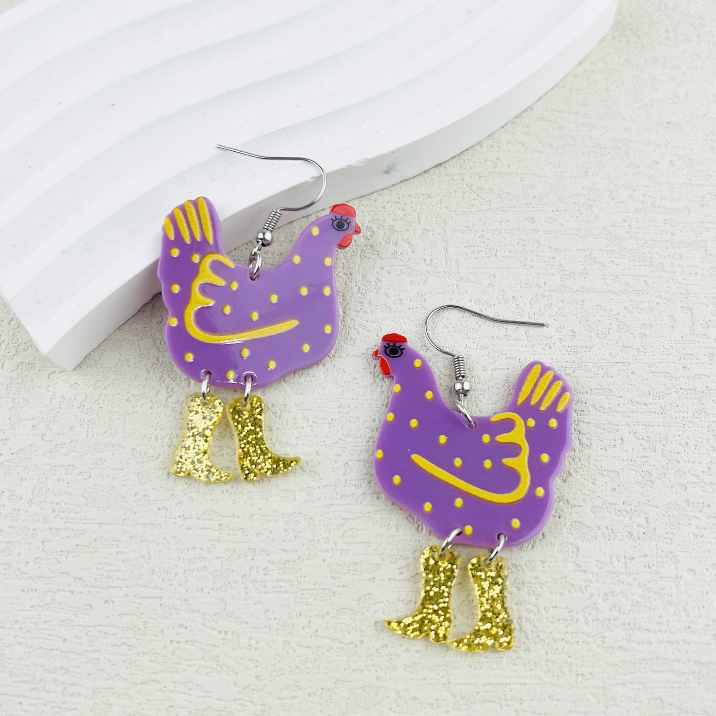 Creative Rooster Stitching Acrylic Printing Chicken Strange Earrings