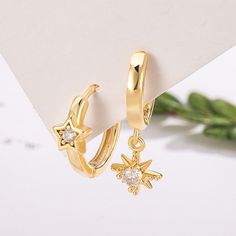 Women's Asymmetric Eight Awn Star French Style Fashionable Golden Simple Twin Earrings