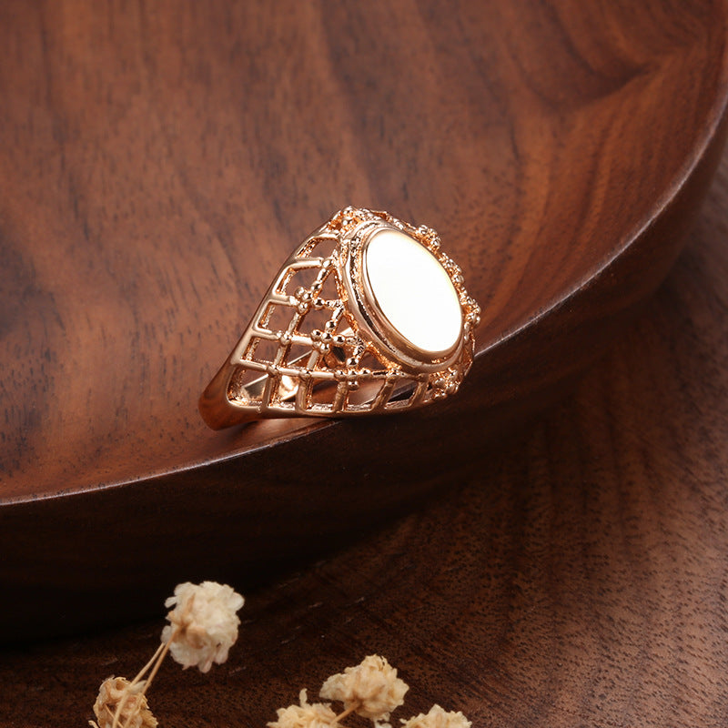 Trendy Copper Plated Real Gold Glossy Oval Fishnet Rose Ring