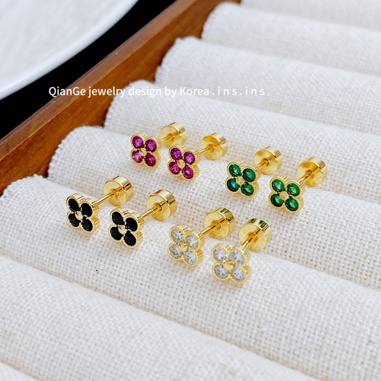 Zircon Clover Titanium Steel Screw Ear Earrings