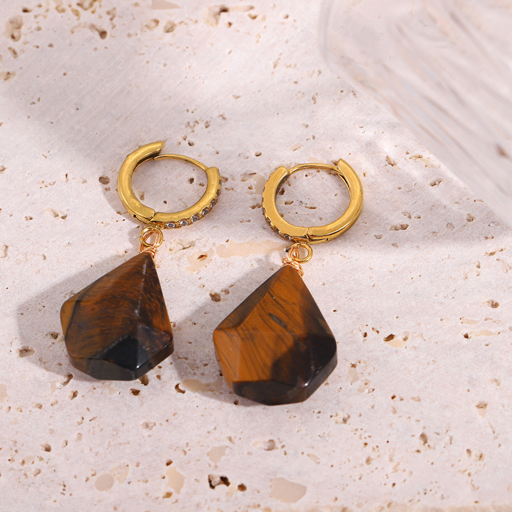 Women's Stainless Steel Waterproof Tigereye Gold Natural Stone Light Earrings