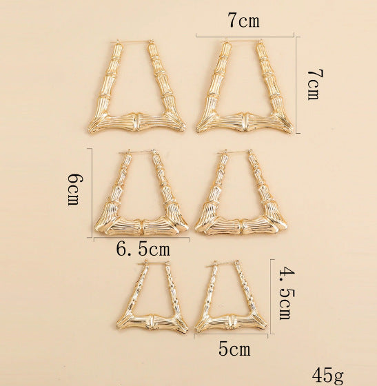 Gold Alloy Triangle Trapezoidal Hip Hop Exaggerated Oversized Bamboo Earrings