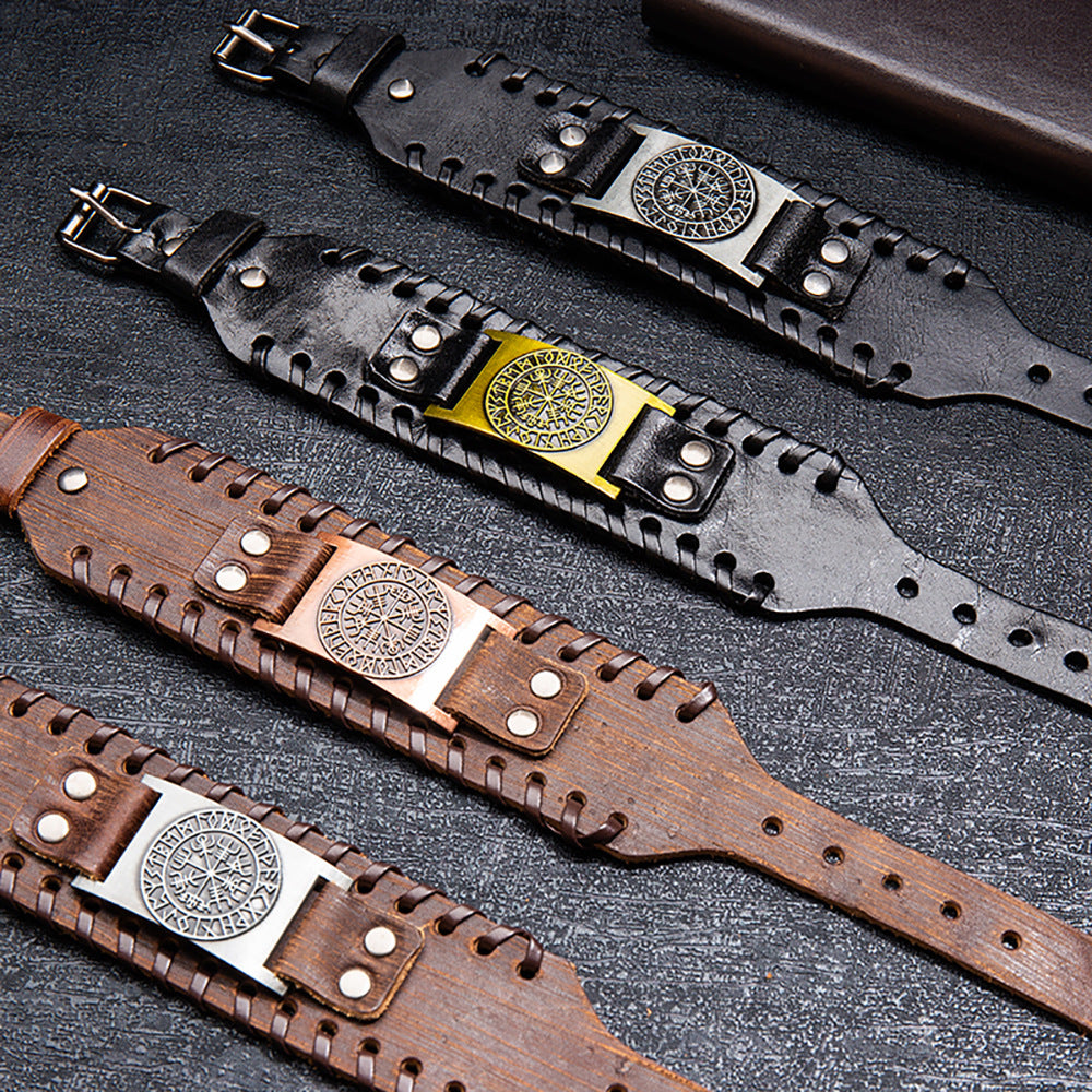 Men's Vintage Viking Compass Totem Width Leather Bracelet