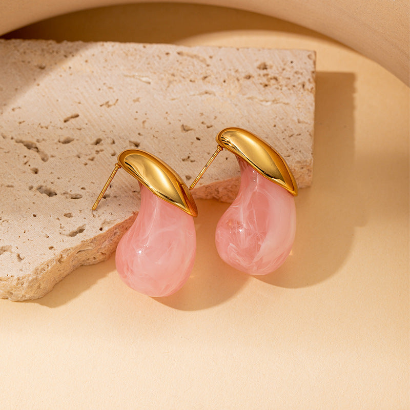 Korean Simple Fresh Minority Color Water Drop Resin Titanium Stud Earrings