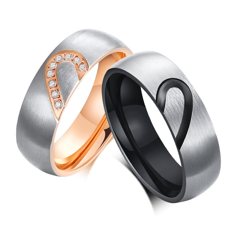 Innovative Titanium Steel Couple Heart-shaped Zircon Rings