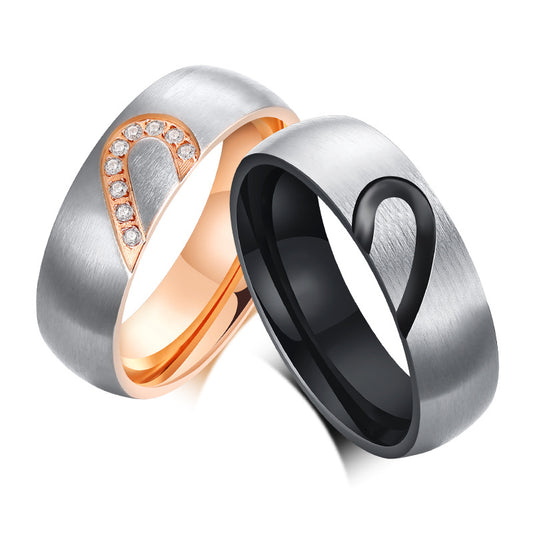 Innovative Titanium Steel Couple Heart-shaped Zircon Rings