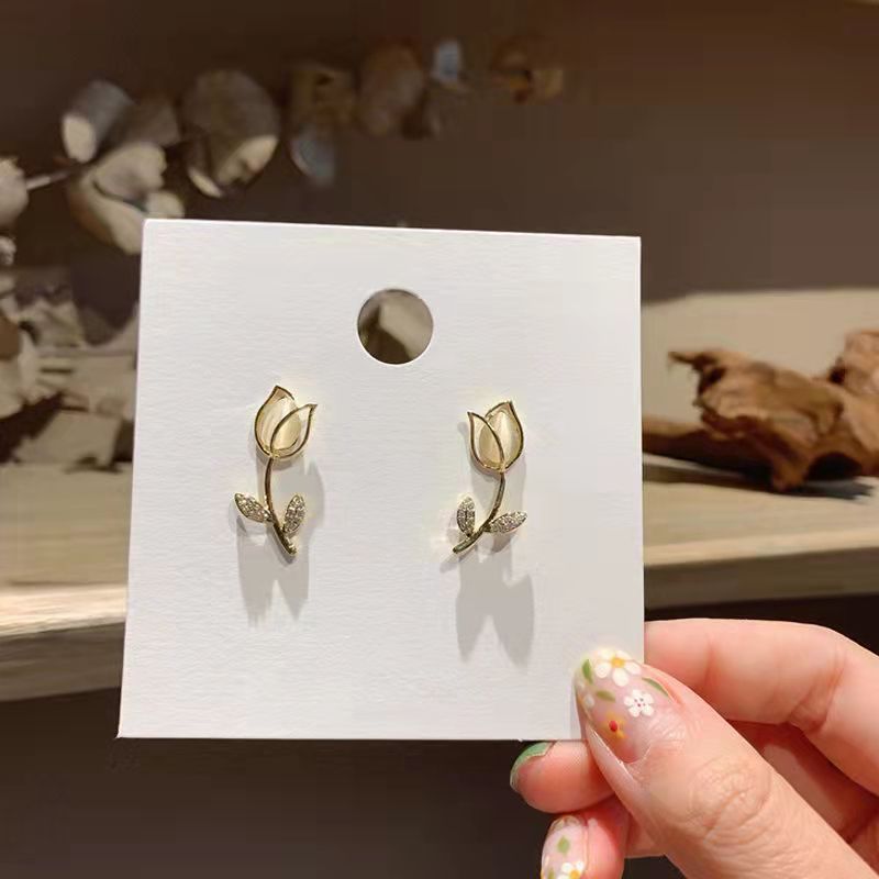 Korean Fashion Elegant Sier Tulip Opal Small Fresh Rings