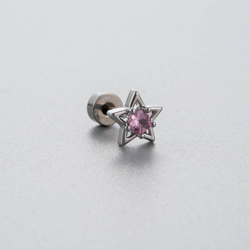 Ear Bone Screw Rod Pink Zircon Five-pointed Earrings