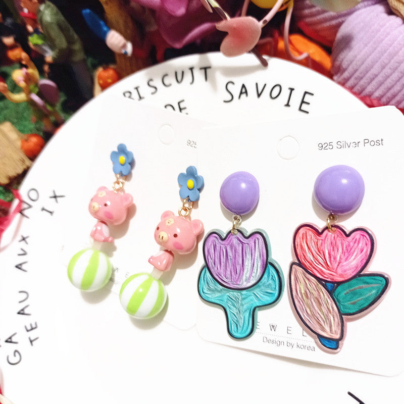 Women's Acrylic Iti Tulip Cute Ceramic Pink Pig Funny Personality Earrings