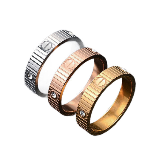 Fashion Stainless Steel Striped Three Diamond Personality Simple Ring