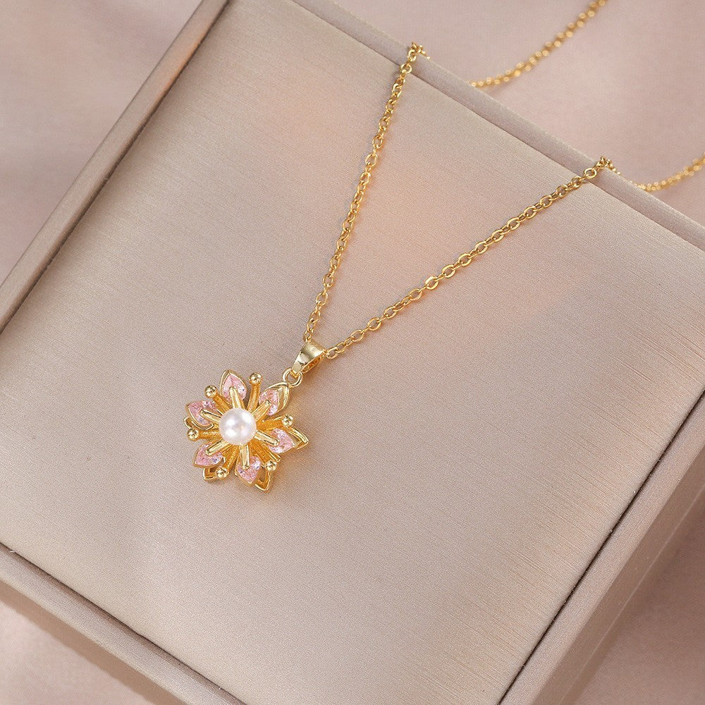 Female Minority Fashion Design Rotating Bauhinia Zircon Flower Necklace