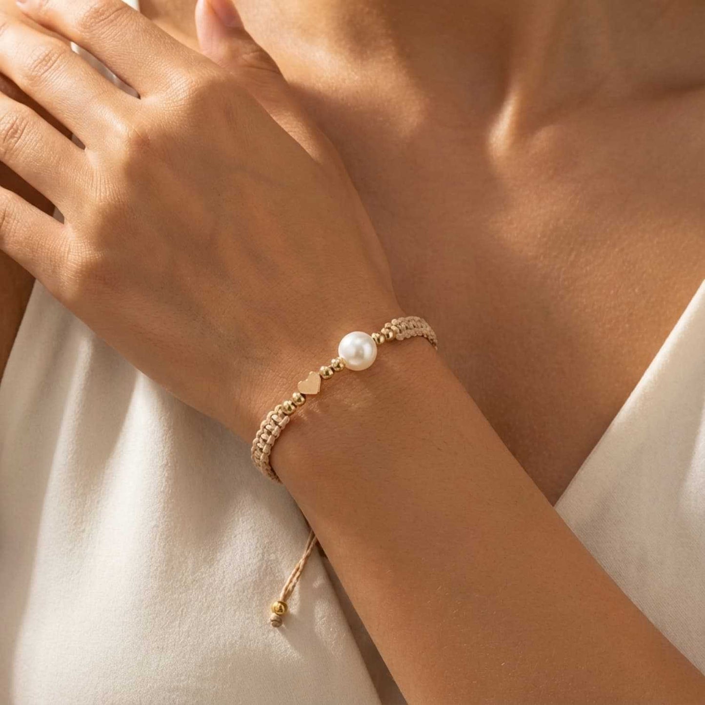 Simple Pearl Love Cross Khaki Hand-woven Bracelets