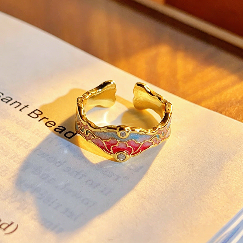 Chinese Style Sealing Enamel Drop Oil Gourd Flower Open National Ring
