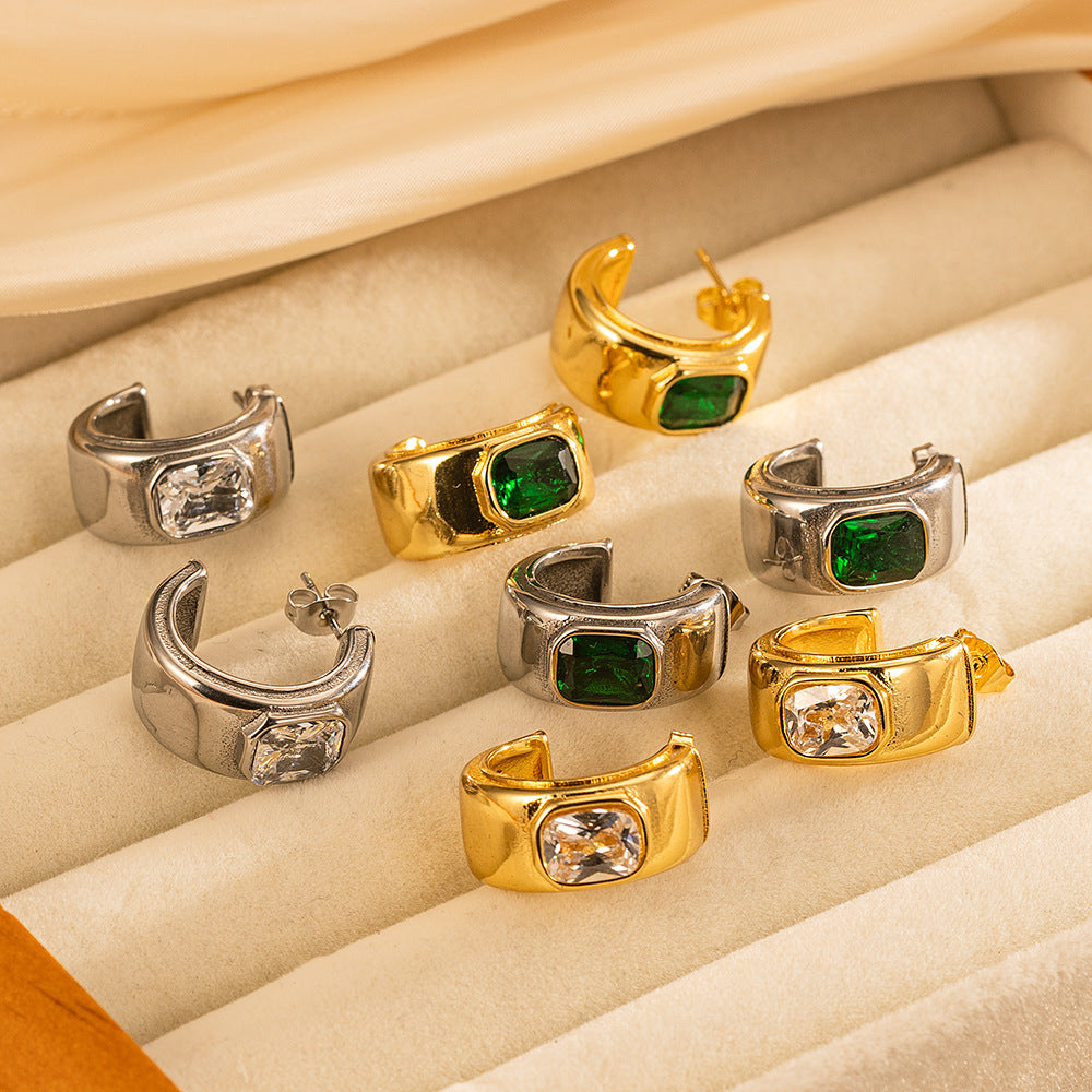 Women's Titanium Steel Gold Plated Emerald Niche Earrings