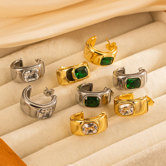 Women's Titanium Steel Gold Plated Emerald Niche Earrings