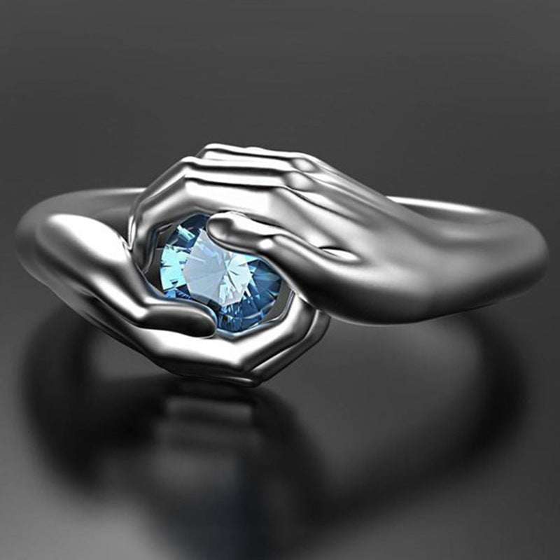 Shi Vintage Hands Hug Blue Zircon Copper Punk Halloween Rings