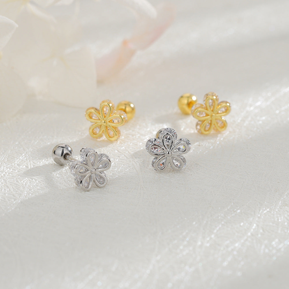 Shiny Diamond Flowers Screw Ear Bone Daily Sweet Cool Hot Stud Earrings