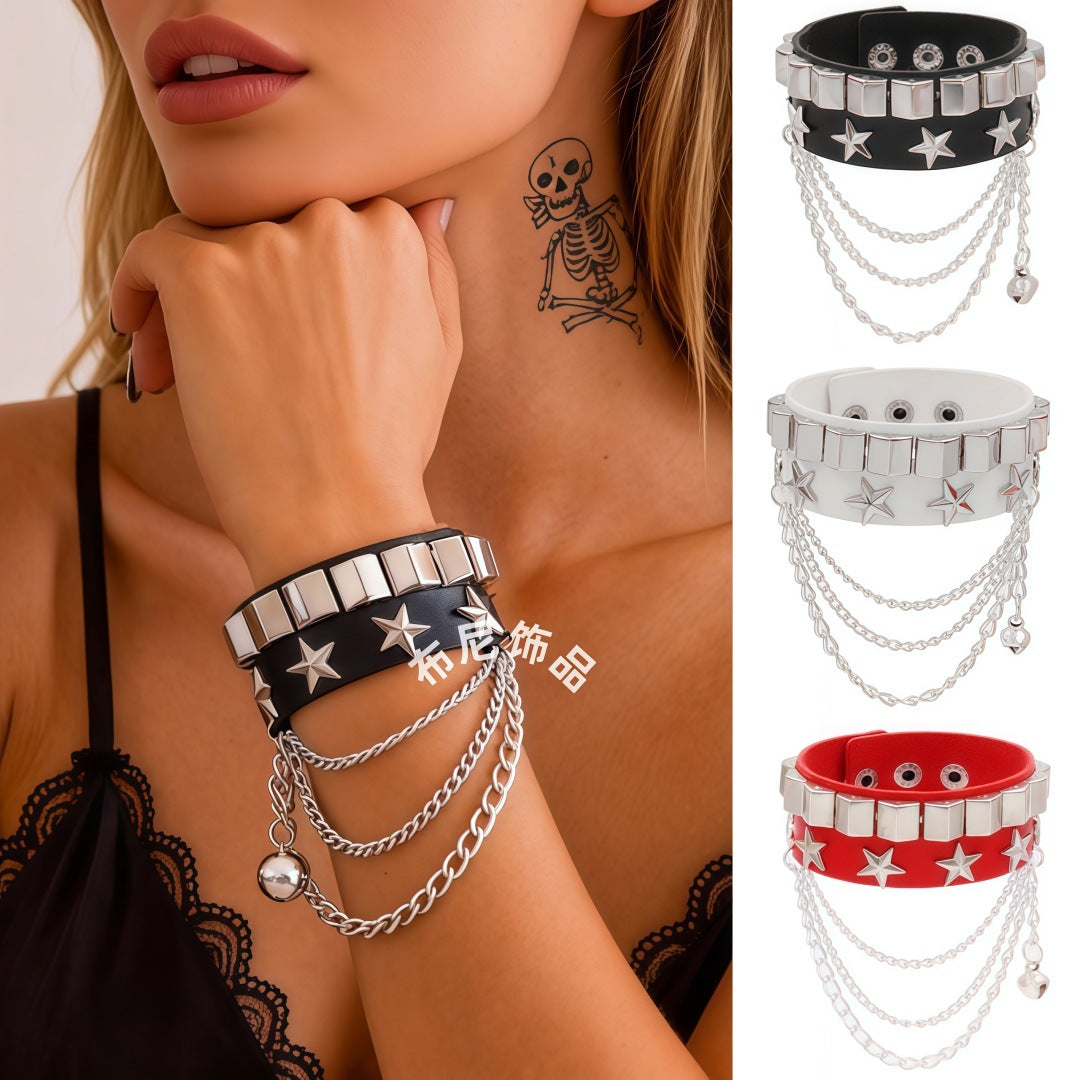 Leather Fashion Wide Rivet Punk Five-pointed Bracelet
