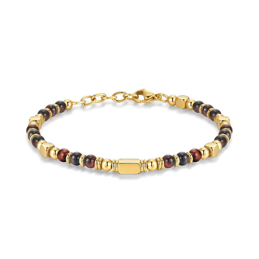 Natural Stone Stainless Steel Black Frosted Golden Balls Beaded Adjustable Bracelet