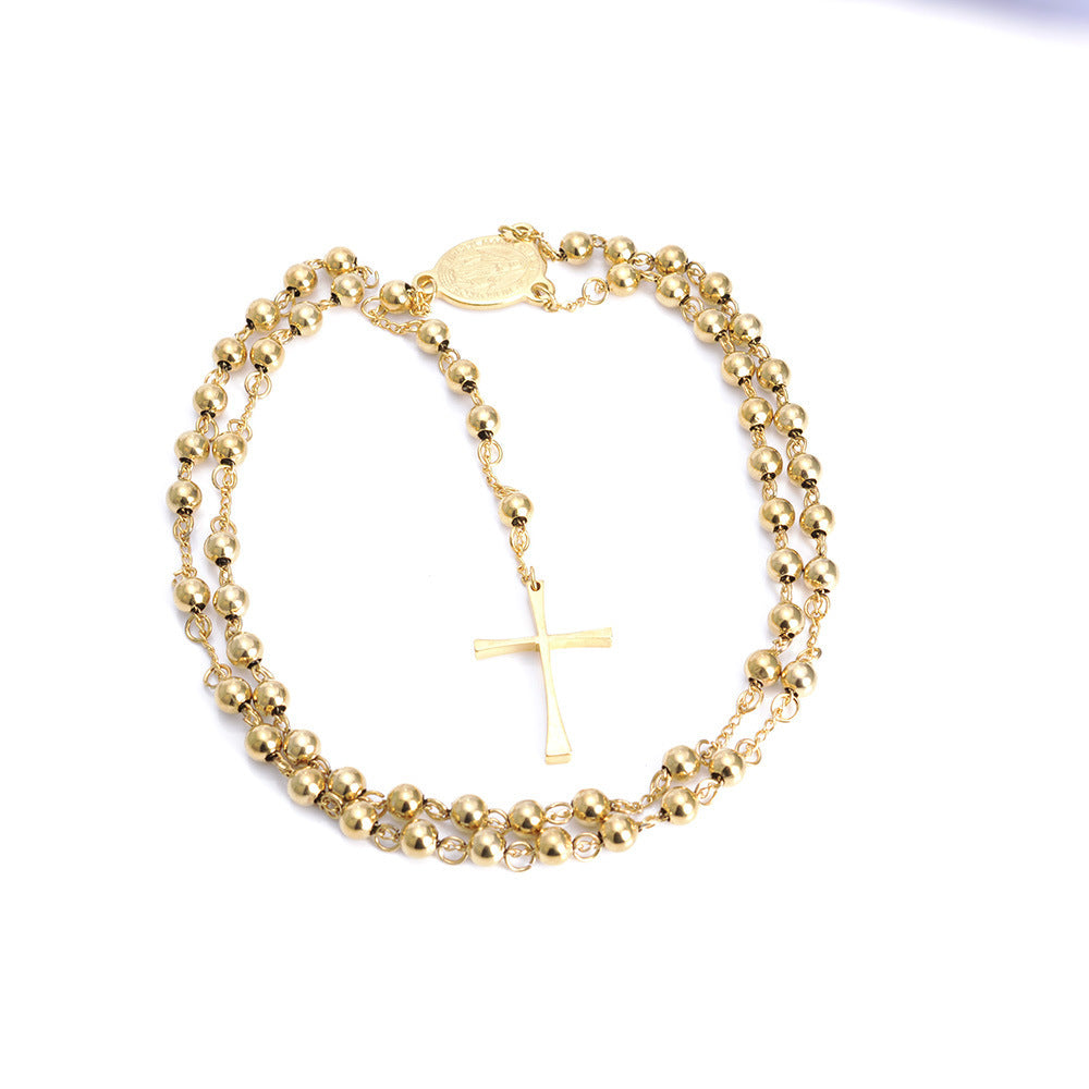 Women's & Men's Stainless Steel Cross Titanium Beads Gold-plated Necklace