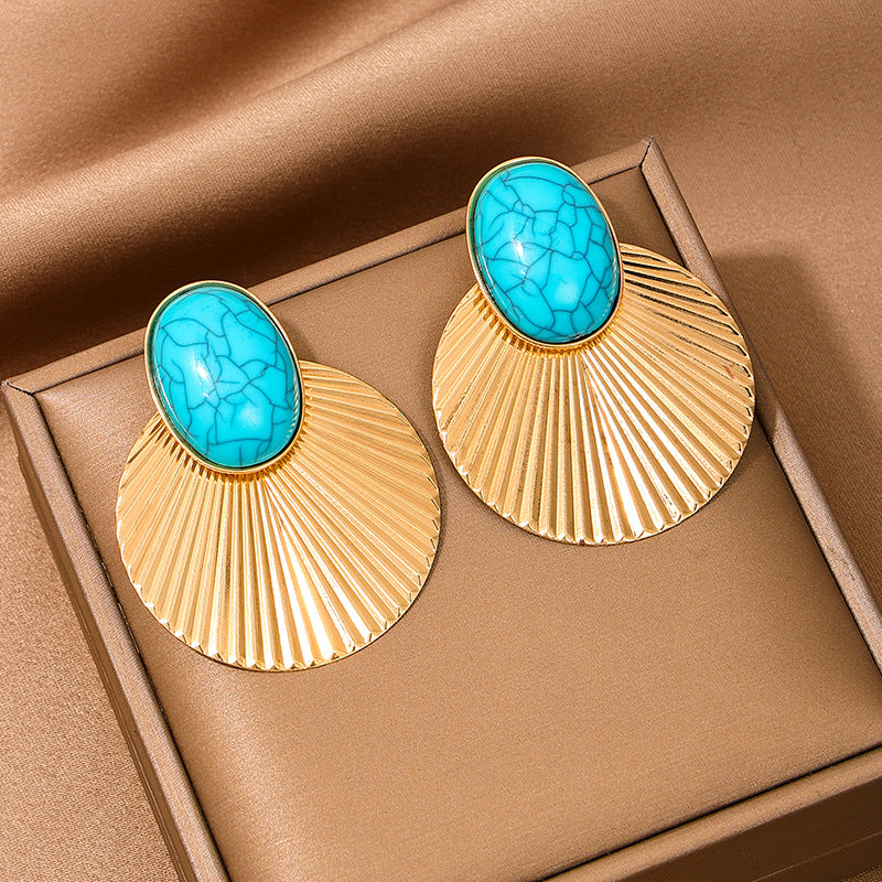 Women's Pair Fashion Design Turquoise Metal Diameter Big Round Slice Dance Earrings
