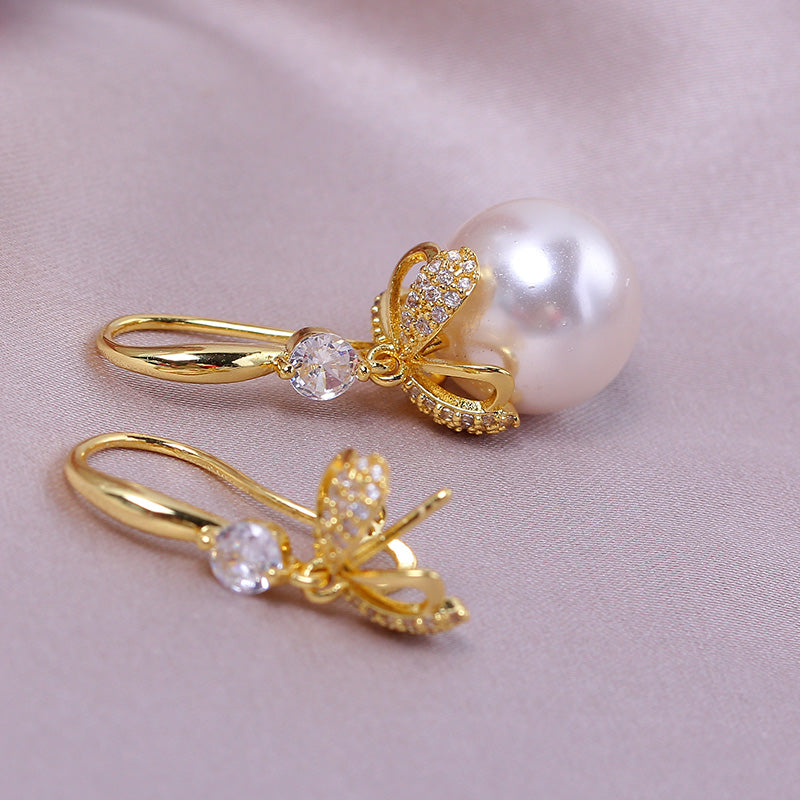 Women's Domestic Gold Flower Zircon Pearl Ear Stud Earrings