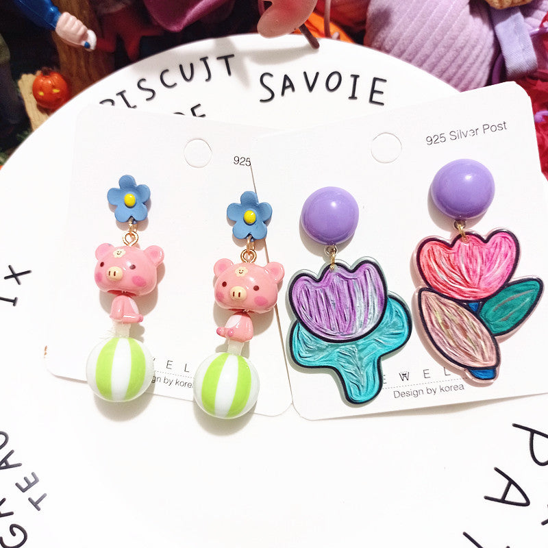 Women's Acrylic Iti Tulip Cute Ceramic Pink Pig Funny Personality Earrings