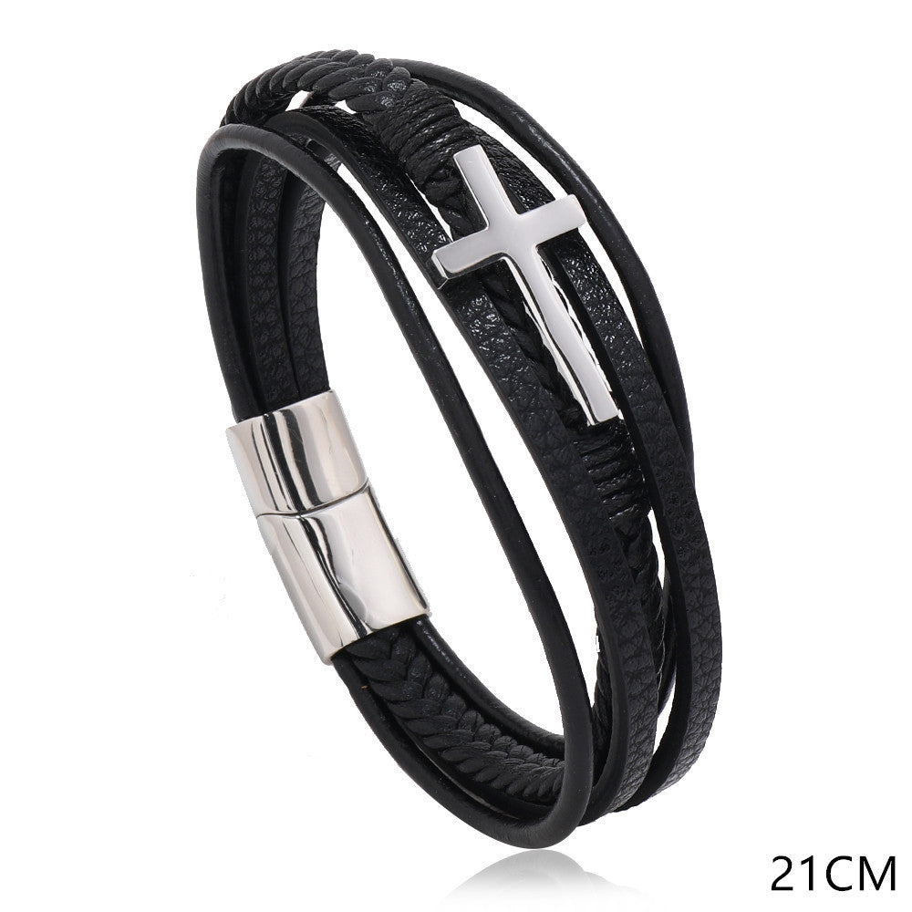 Men's Leather Woven Korean Style Glossy Magnetic Snap Cross Imitation Bracelets